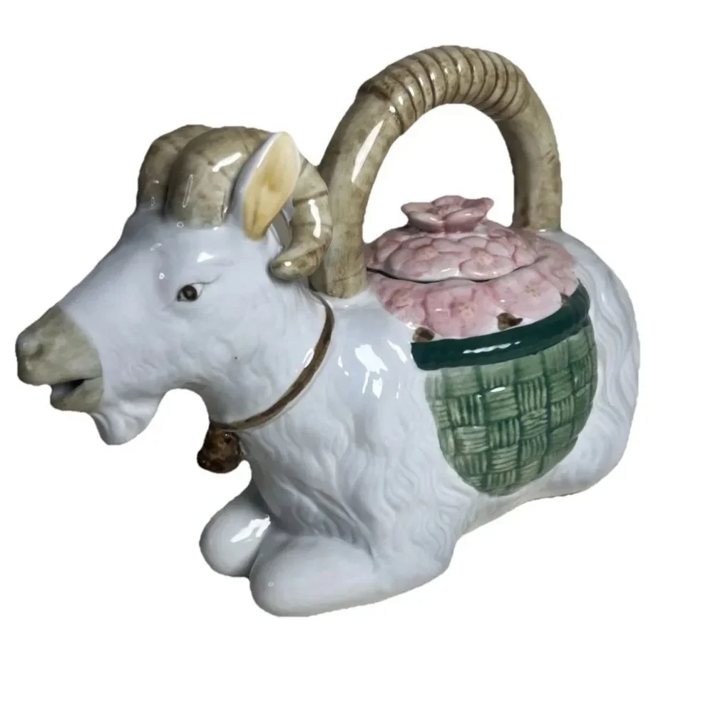 Napco Ram Floral Ceramic Vintage Teapot 7.5” Tall Cottagecore Collector Teapot